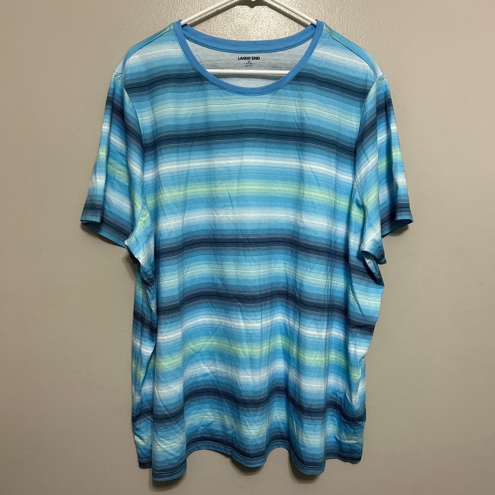 Lands End Womens T-Shirt Blouse 3X Blue Striped Short Sleeve Cotton Coastal Fall